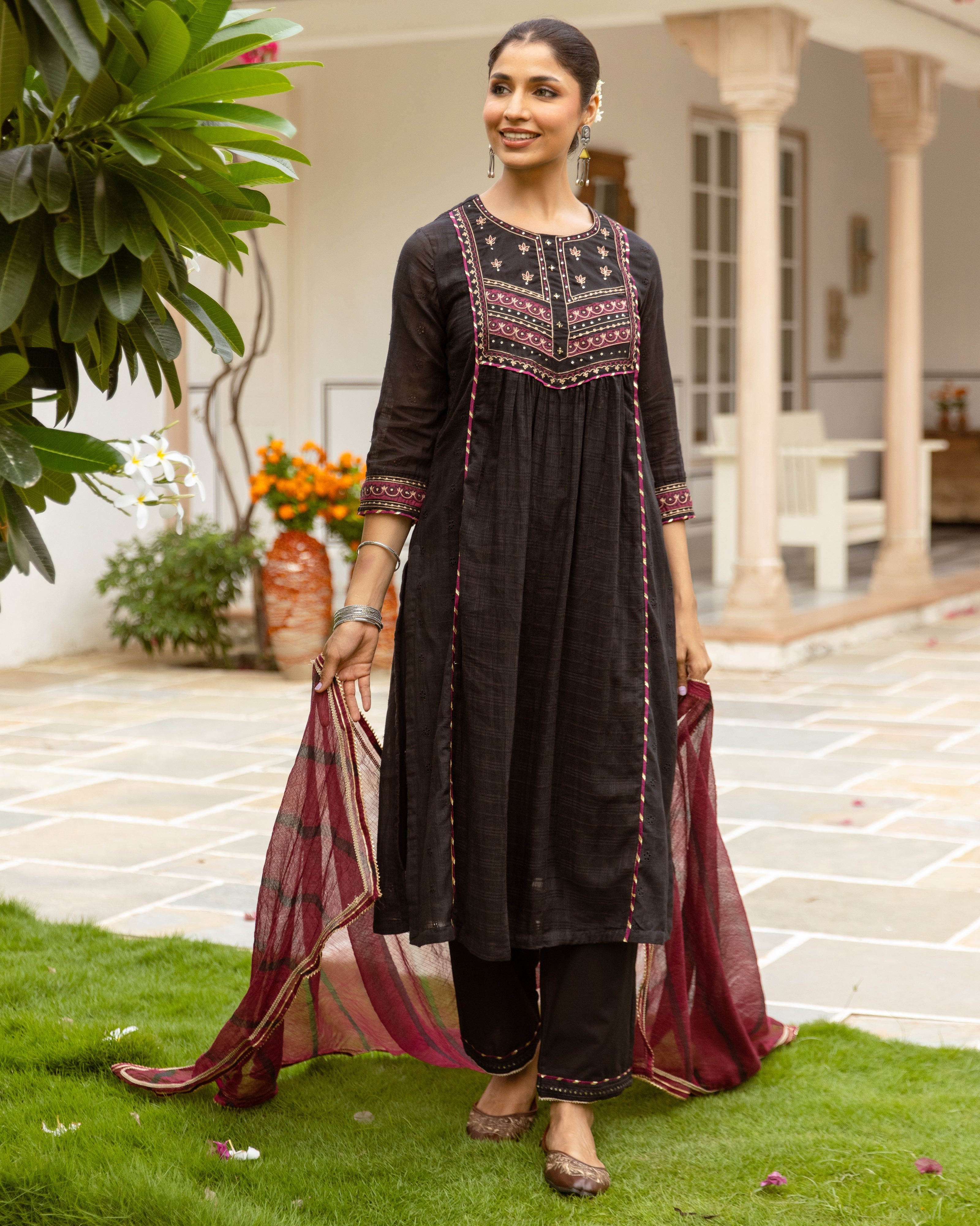 Black Cotton Dobby Complete Suit Set