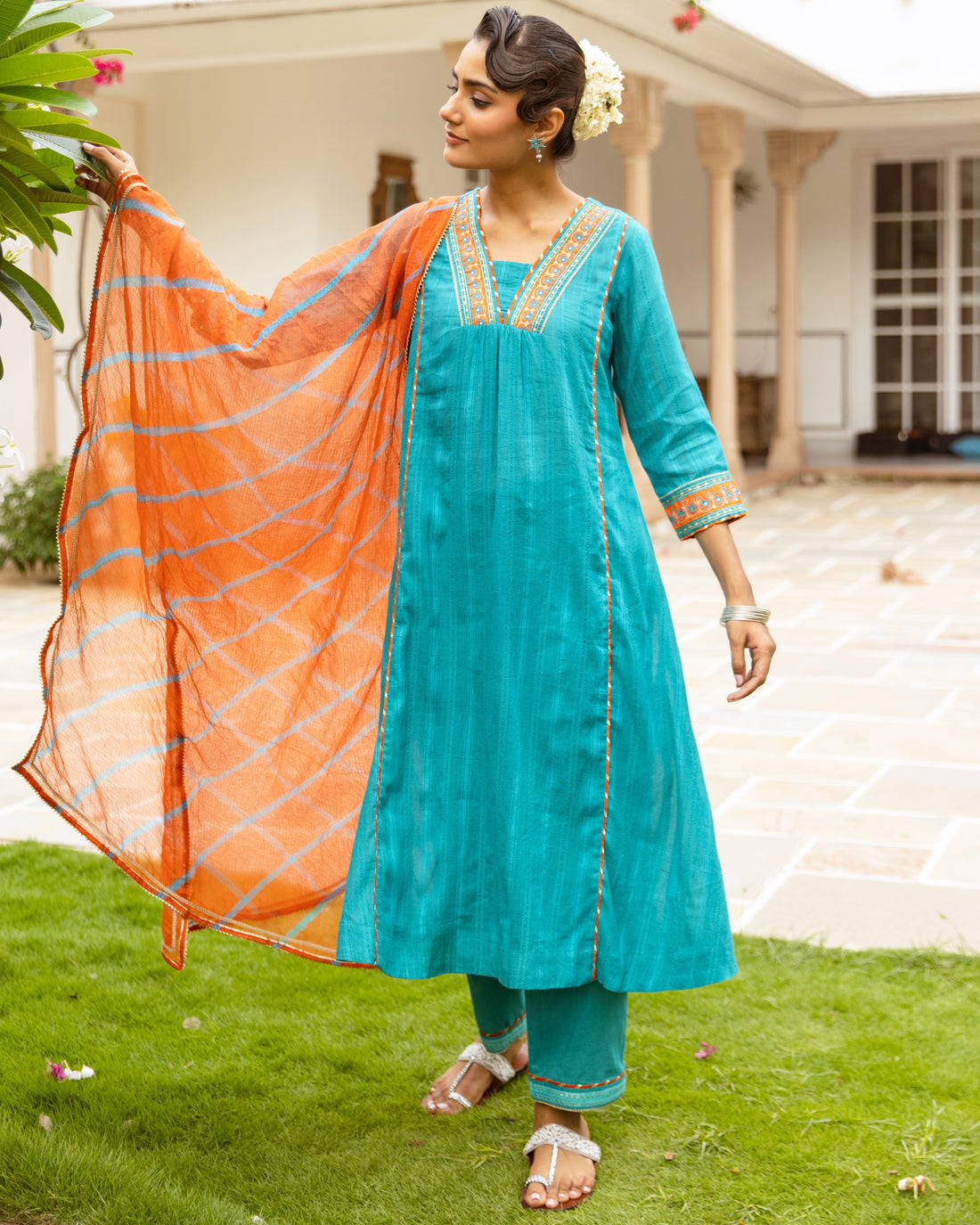 Teal Blue Cotton Dobby Complete Suit Set
