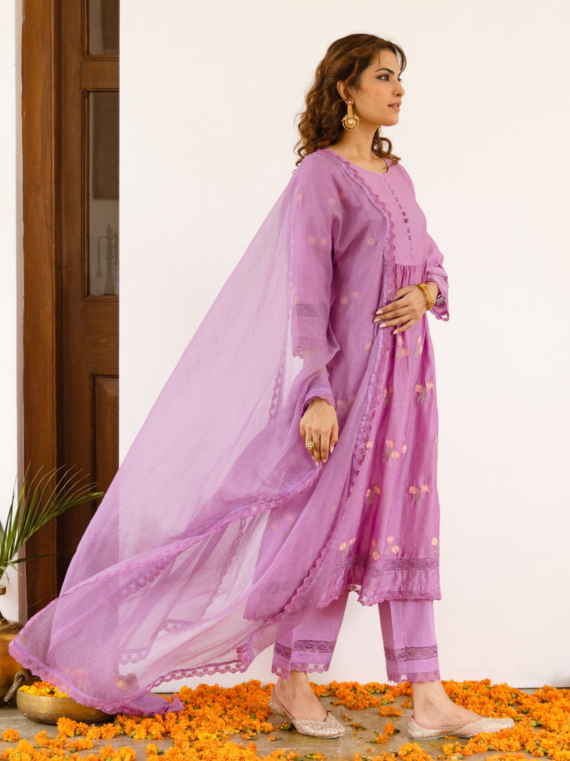 Lavender Chanderi Round With V Neck Complete Suit Set For Women's