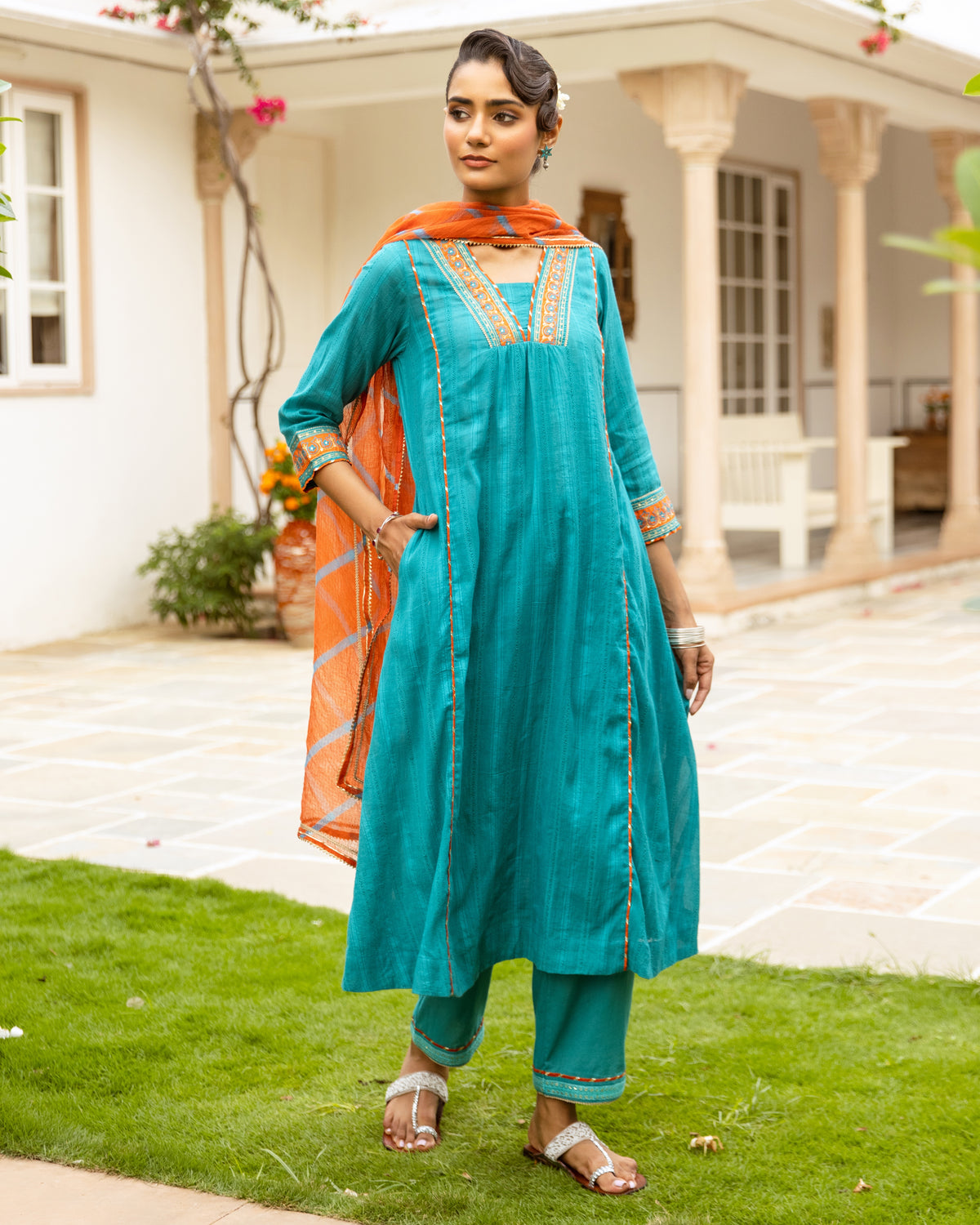 Teal Blue Cotton Dobby Complete Suit Set