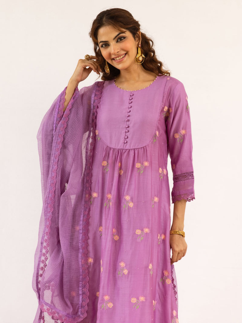 Lavender Chanderi Round With V Neck Complete Suit Set For Women's
