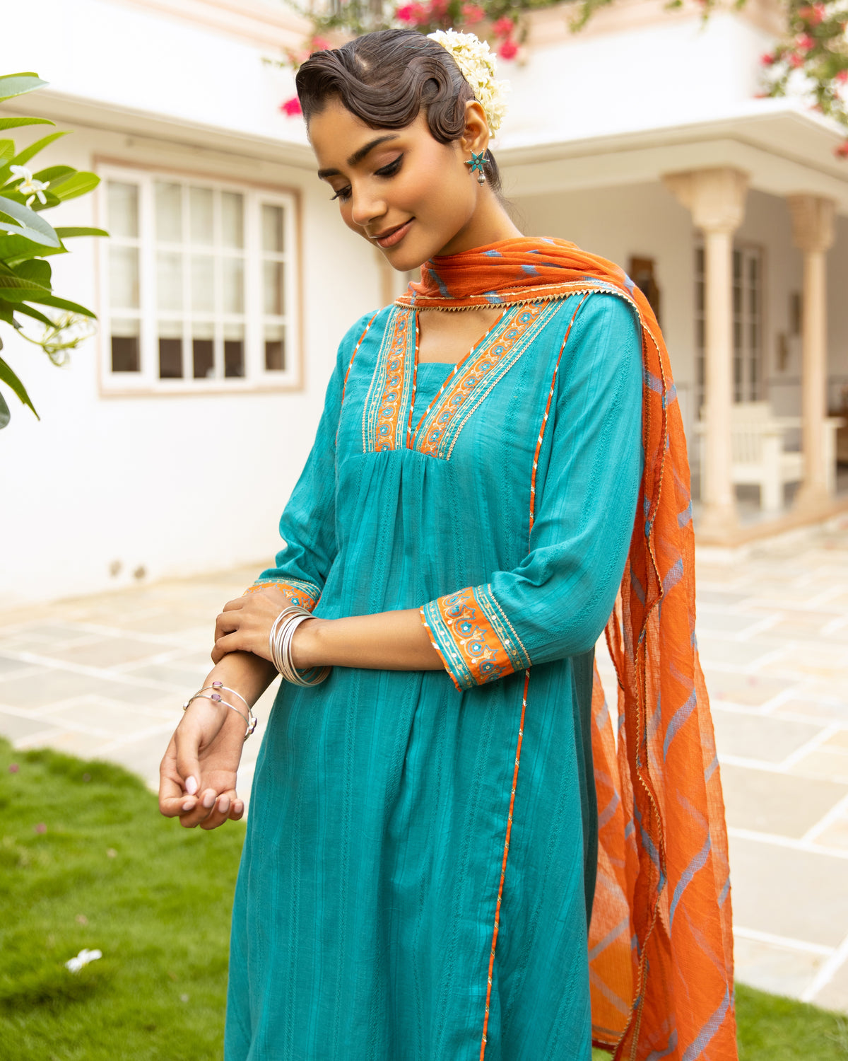 Teal Blue Cotton Dobby Complete Suit Set