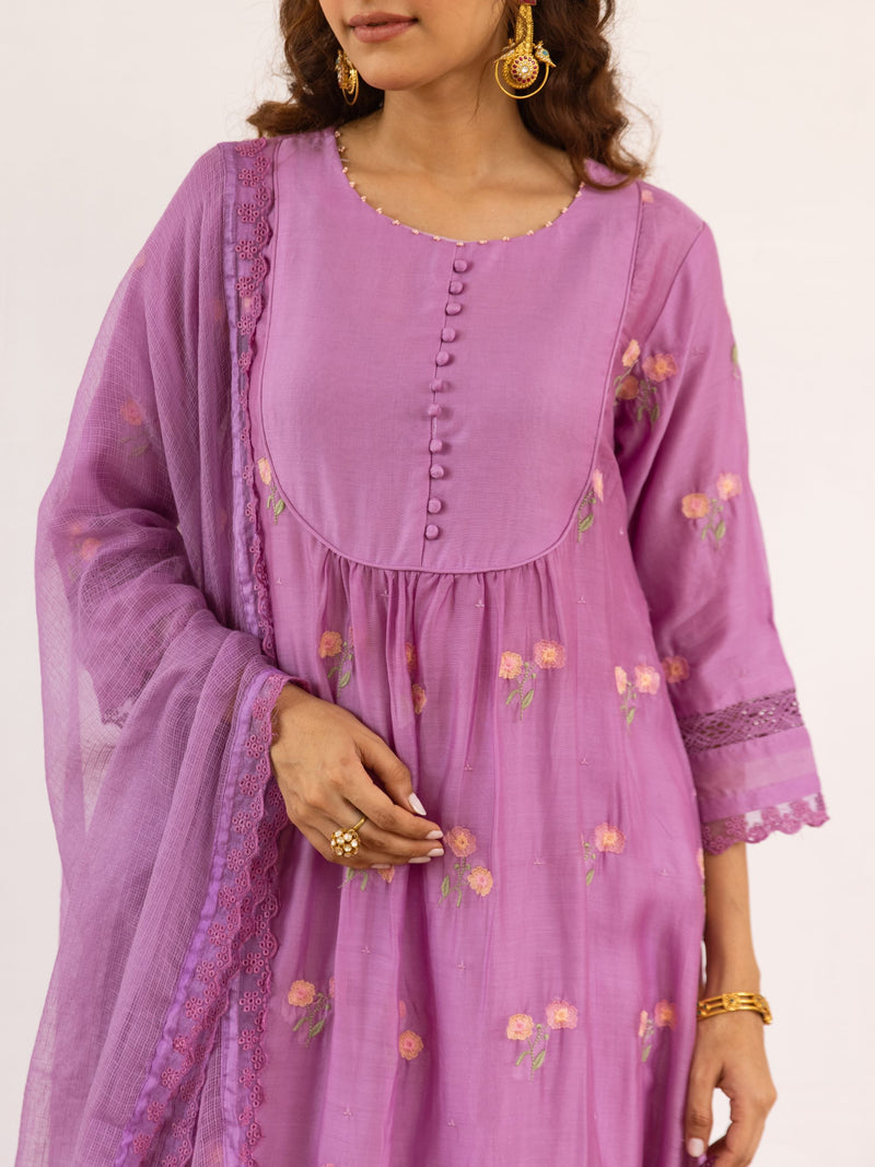 Lavender Chanderi Round With V Neck Complete Suit Set For Women's