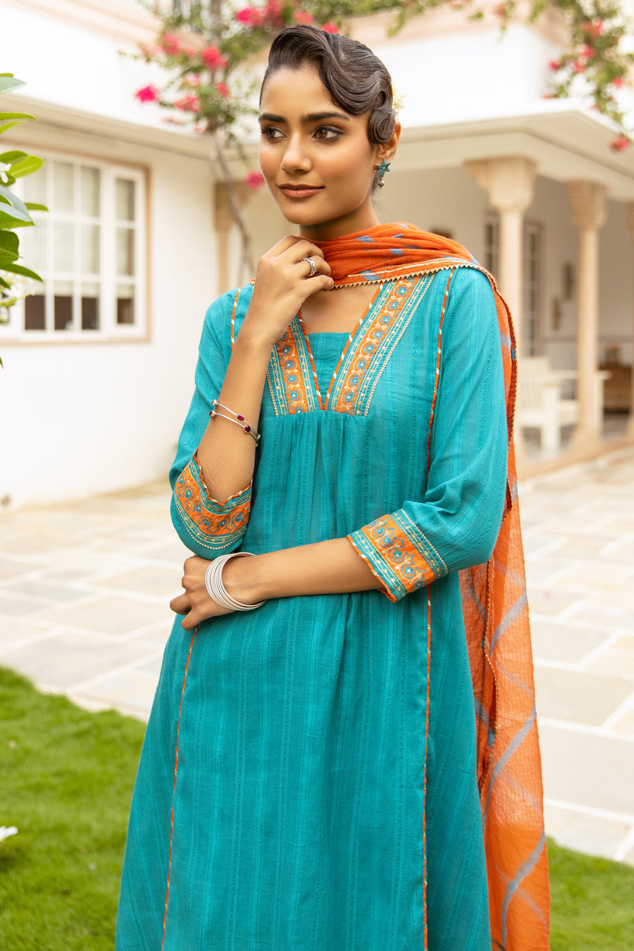 Teal Blue Cotton Dobby Complete Suit Set