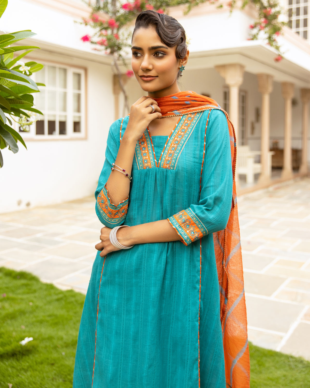 Teal Blue Cotton Dobby Complete Suit Set