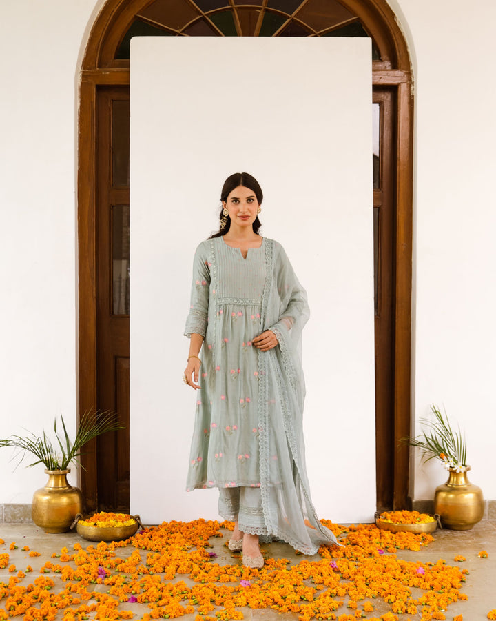 Gray Embroidered Chanderi Complete Suit Set with Kota Doriya Dupatta