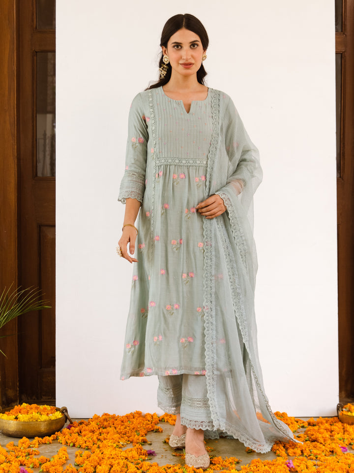 Gray Embroidered Chanderi Complete Suit Set with Kota Doriya Dupatta
