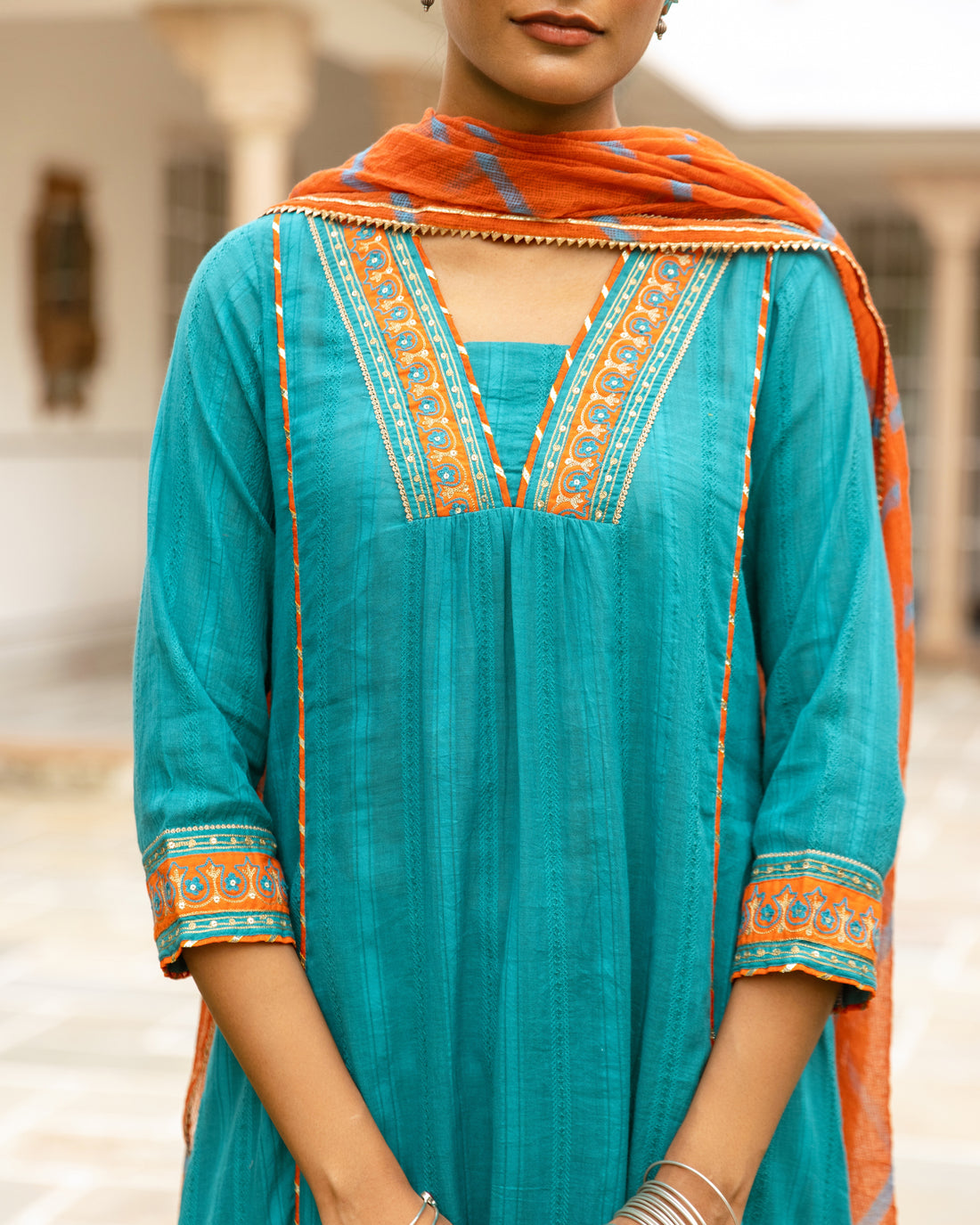 Teal Blue Cotton Dobby Complete Suit Set
