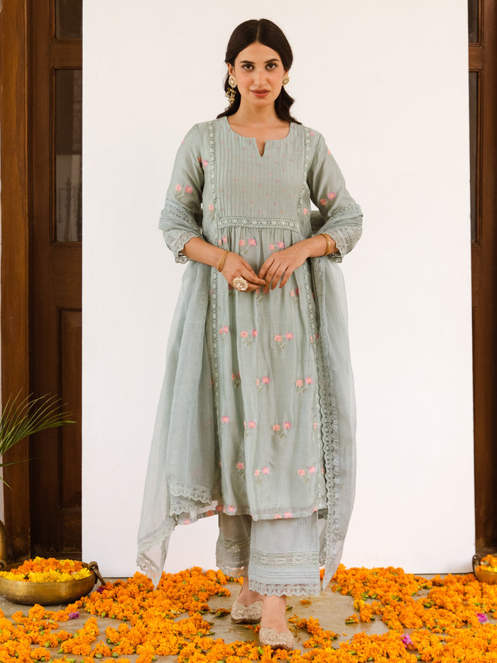 Gray Embroidered Chanderi Complete Suit Set with Kota Doriya Dupatta