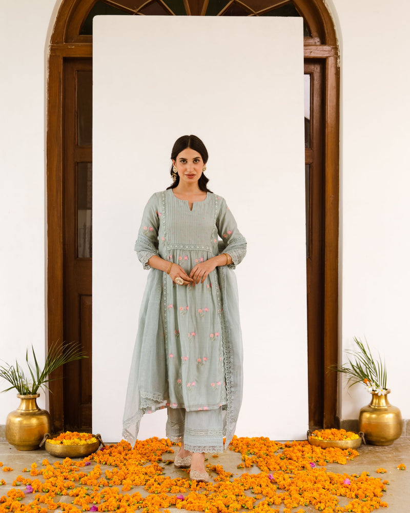 Gray Embroidered Chanderi Complete Suit Set with Kota Doriya Dupatta