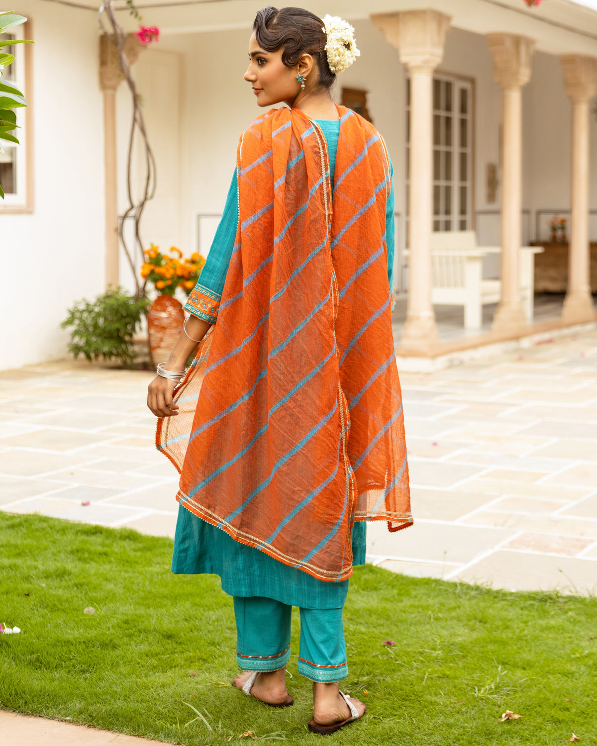 Teal Blue Cotton Dobby Complete Suit Set