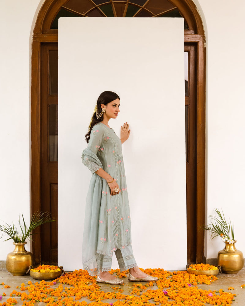 Gray Embroidered Chanderi Complete Suit Set with Kota Doriya Dupatta