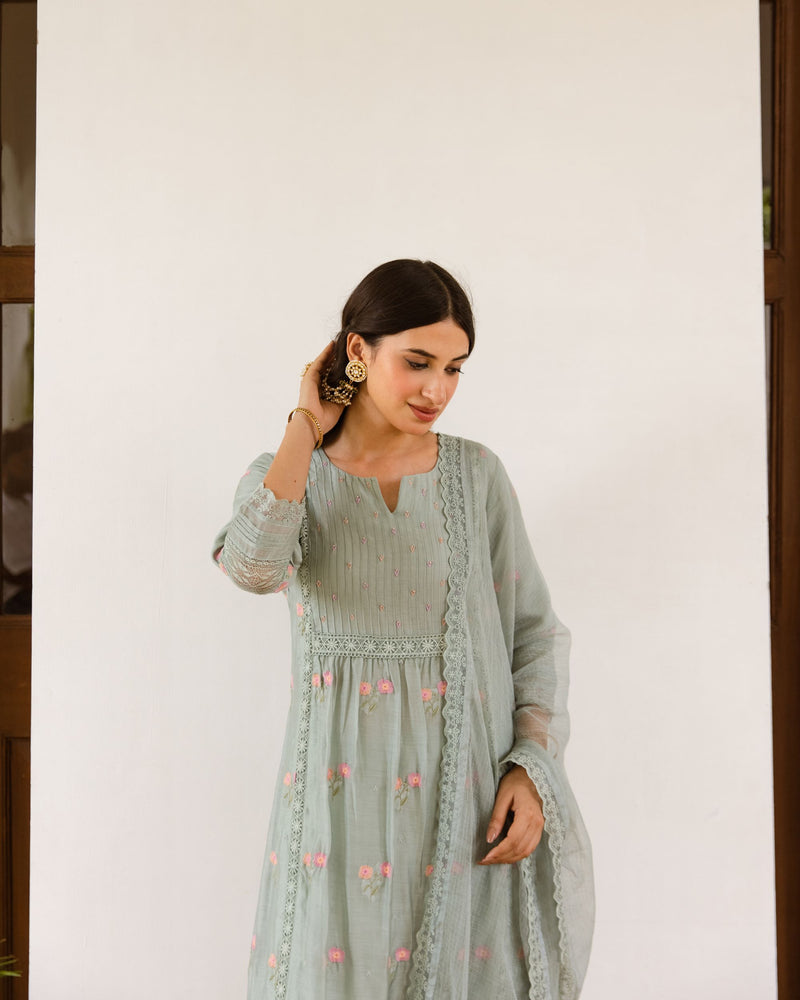 Gray Embroidered Chanderi Complete Suit Set with Kota Doriya Dupatta