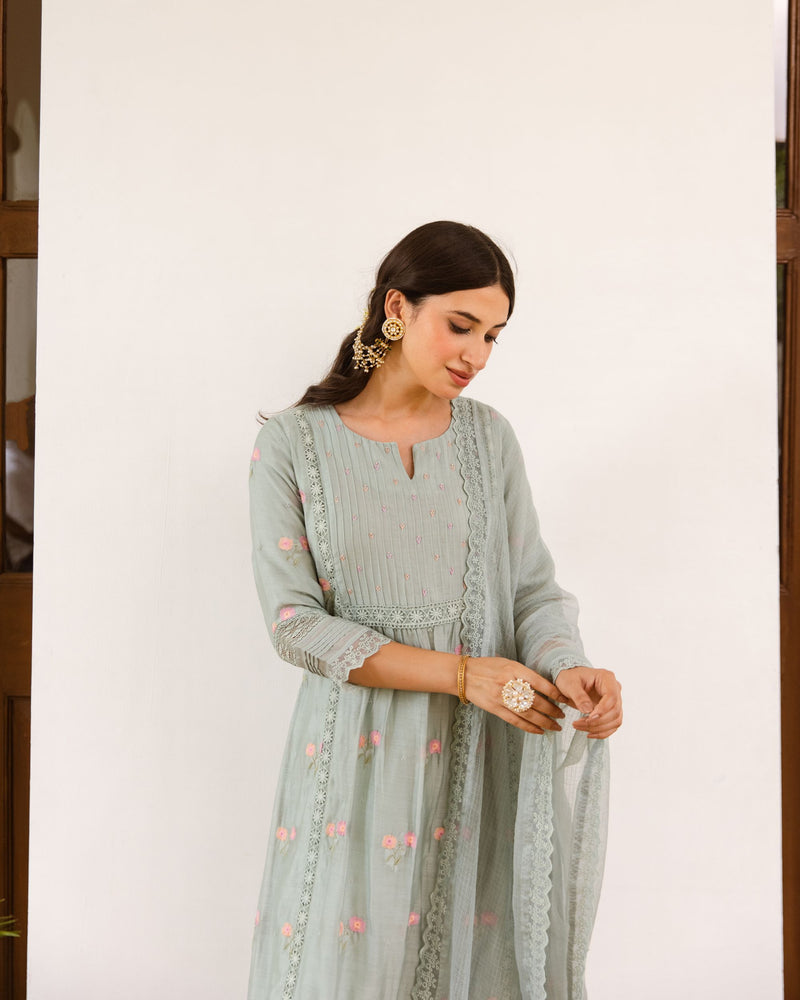 Gray Embroidered Chanderi Complete Suit Set with Kota Doriya Dupatta