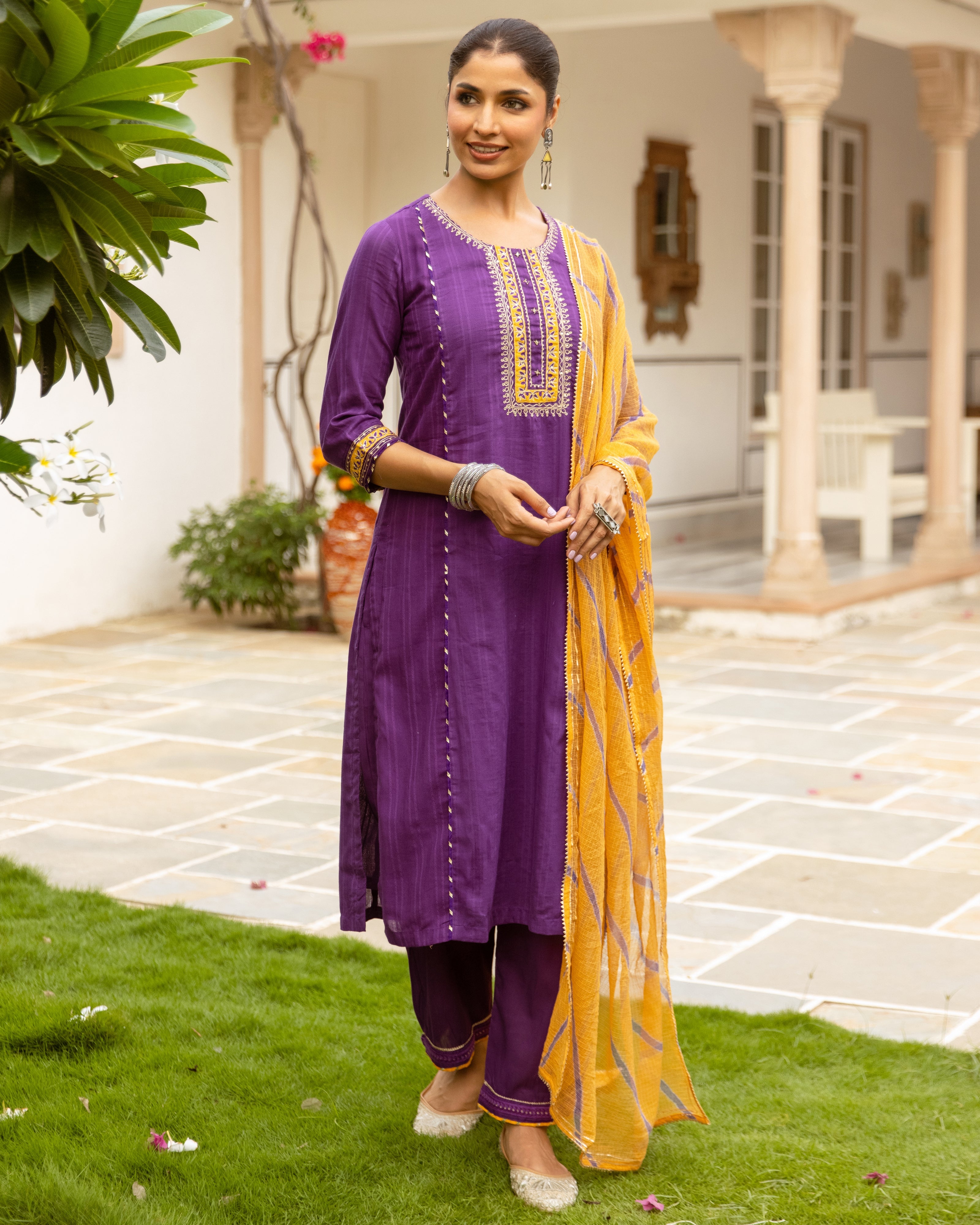 Purple Cotton Dobby Complete Suit Set