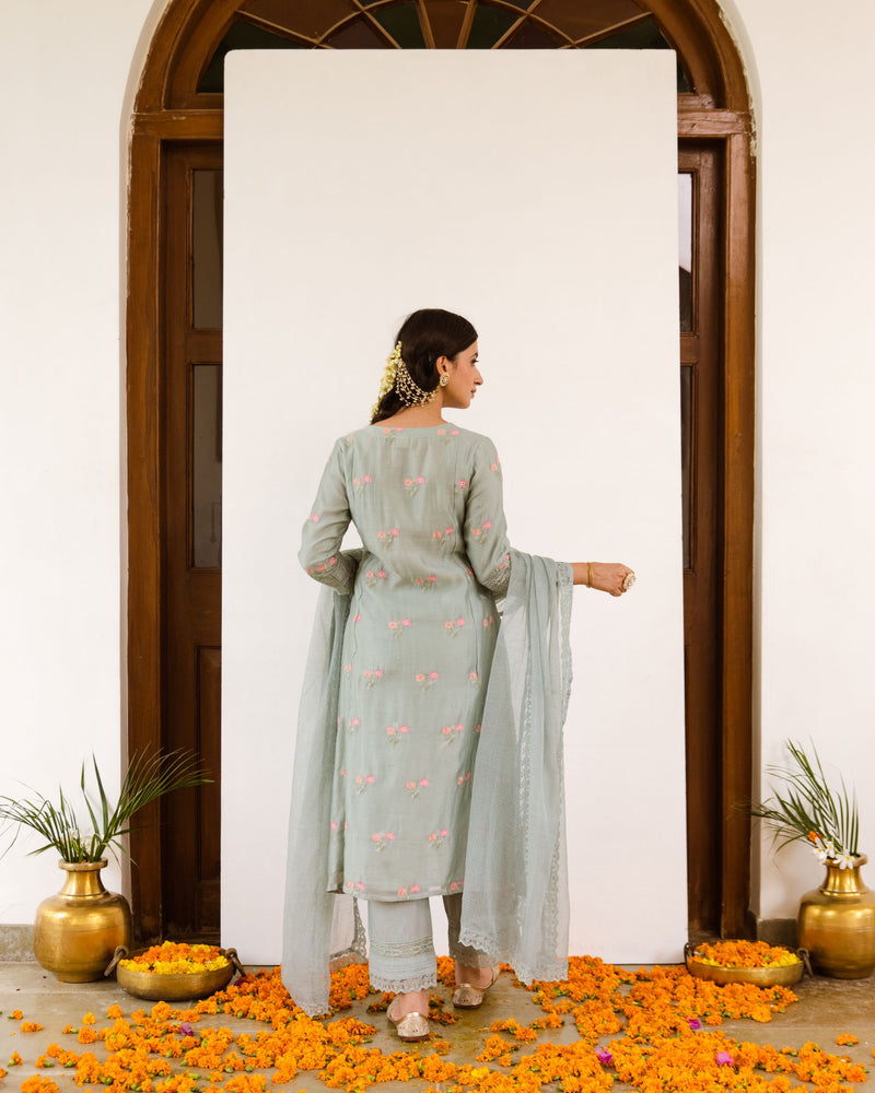 Gray Embroidered Chanderi Complete Suit Set with Kota Doriya Dupatta