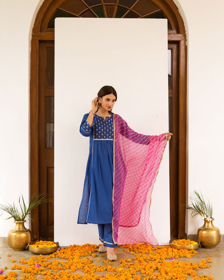Royal Blue Cotton Dobby Complete Suit Set For Women's