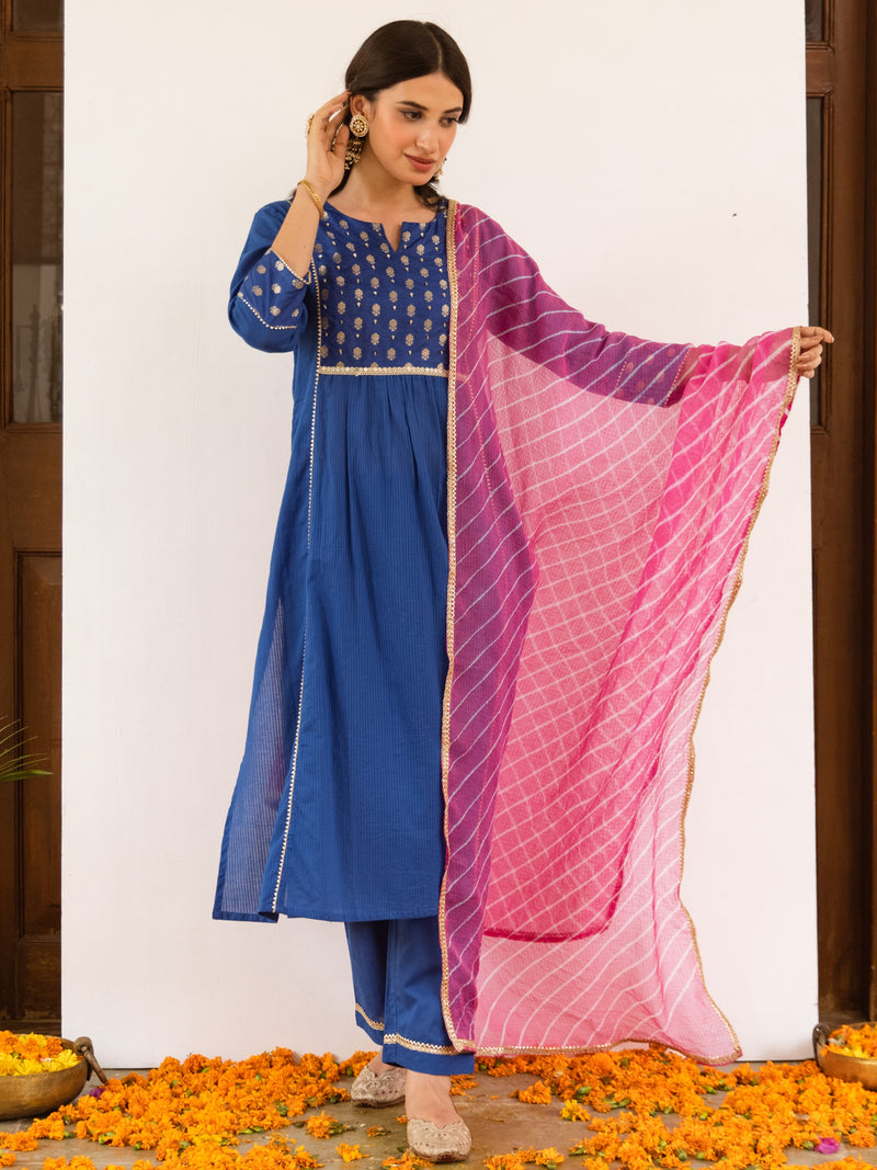 Royal Blue Cotton Dobby Complete Suit Set For Women's