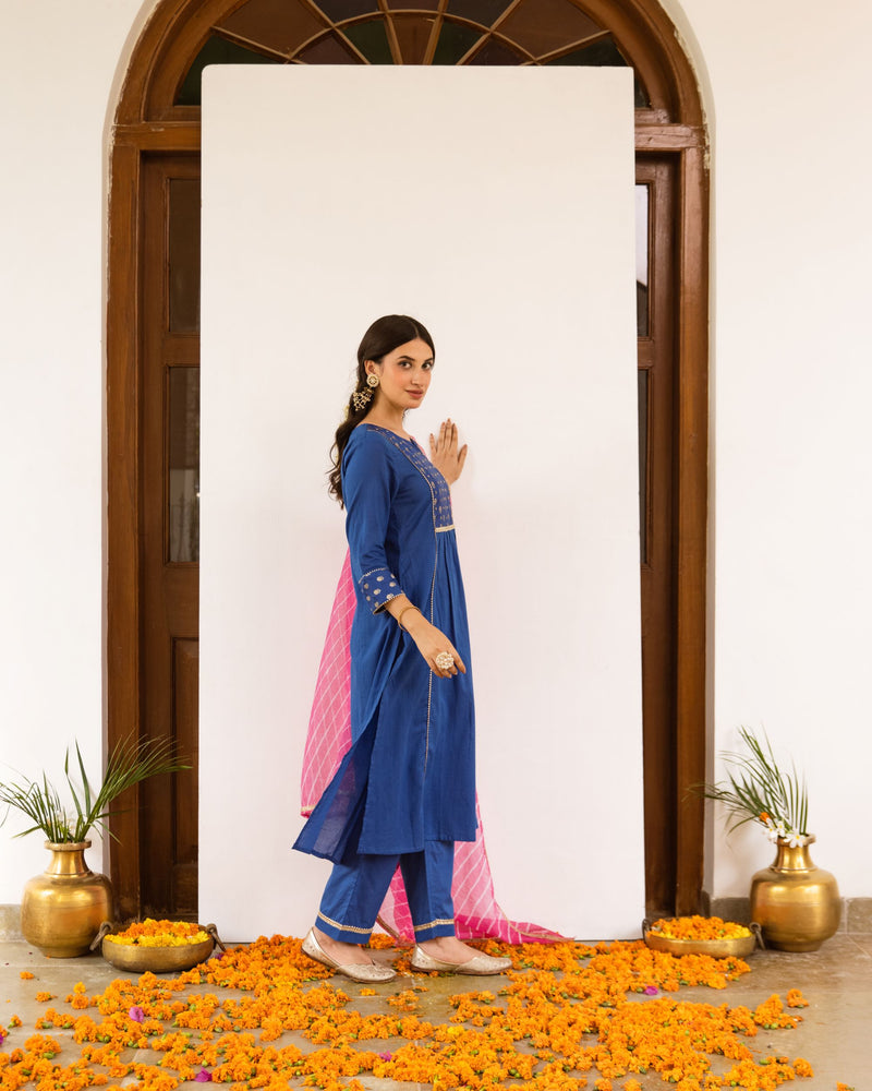 Royal Blue Cotton Dobby Complete Suit Set For Women's