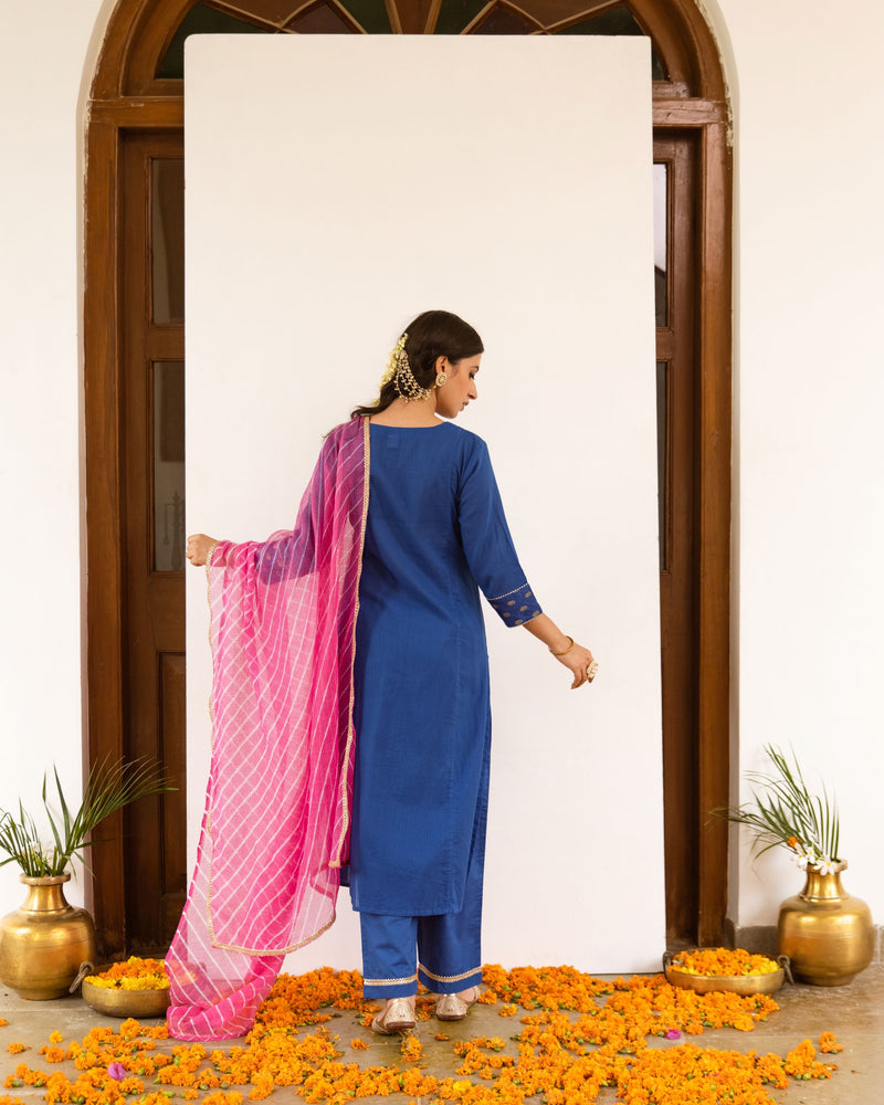 Royal Blue Cotton Dobby Complete Suit Set For Women's