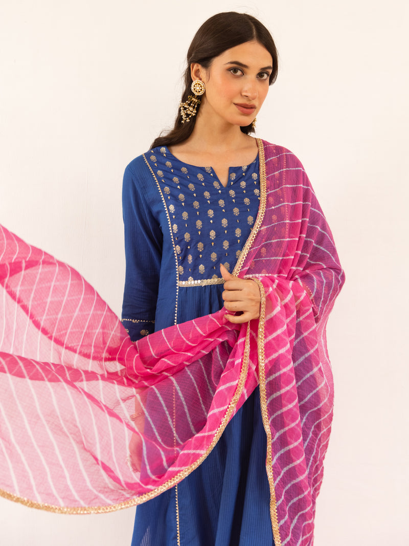 Royal Blue Cotton Dobby Complete Suit Set For Women's