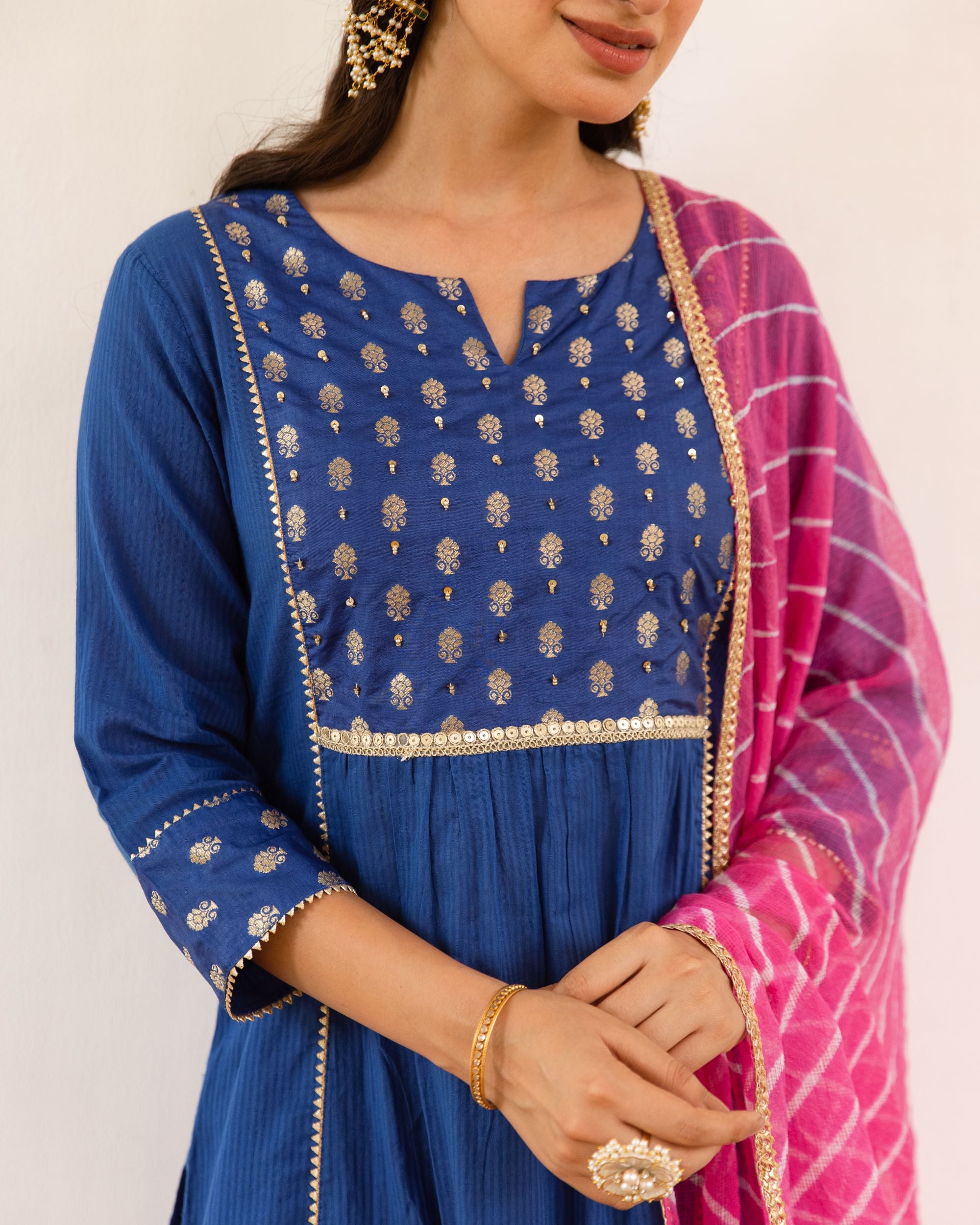 Royal Blue Cotton Dobby Complete Suit Set For Women's