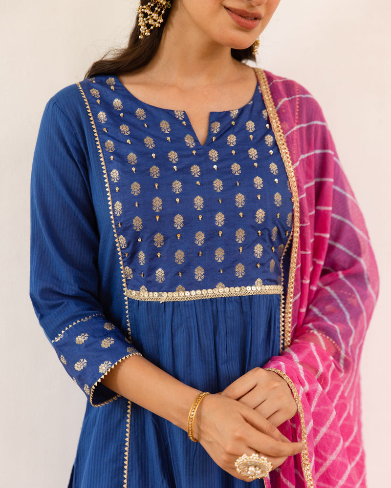 Royal Blue Cotton Dobby Complete Suit Set For Women's