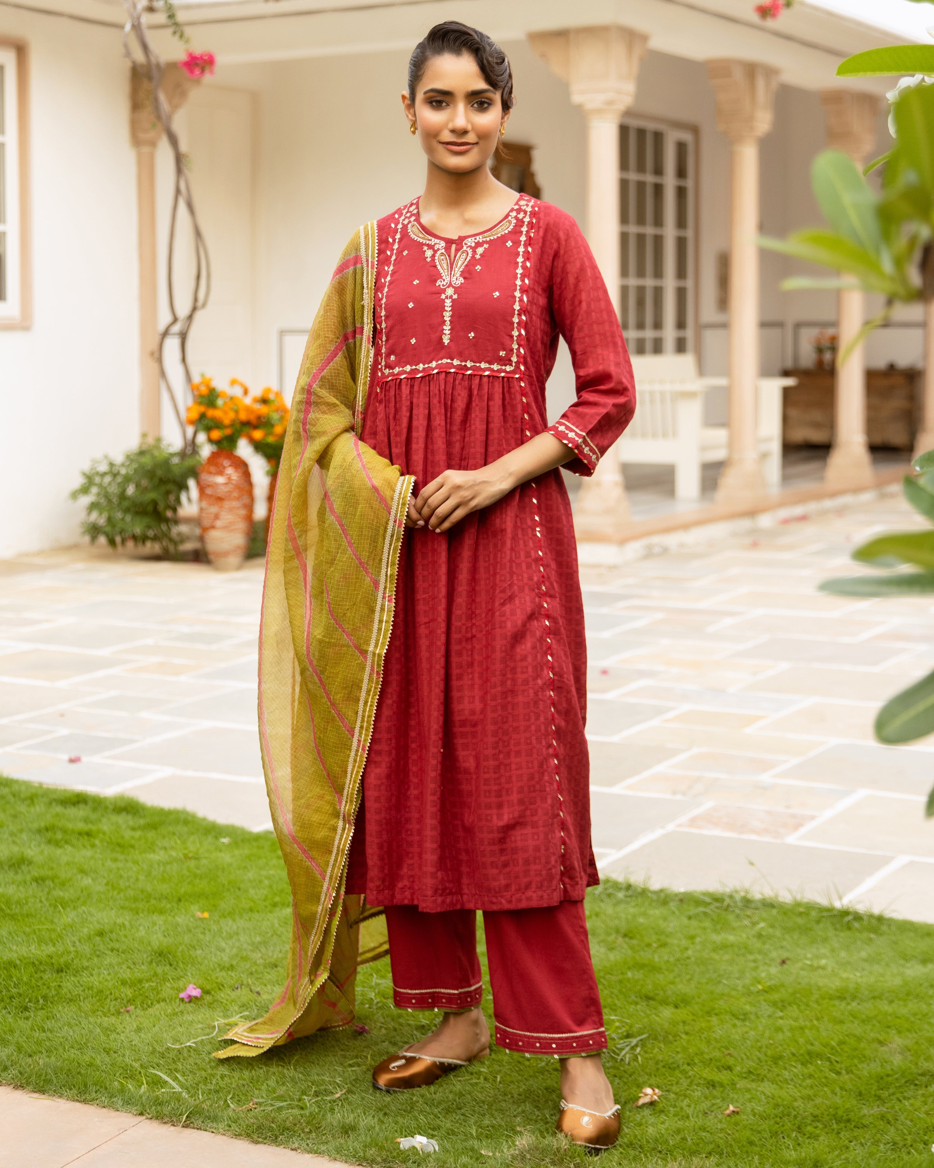 Maroon Cotton Dobby Complete Suit Set