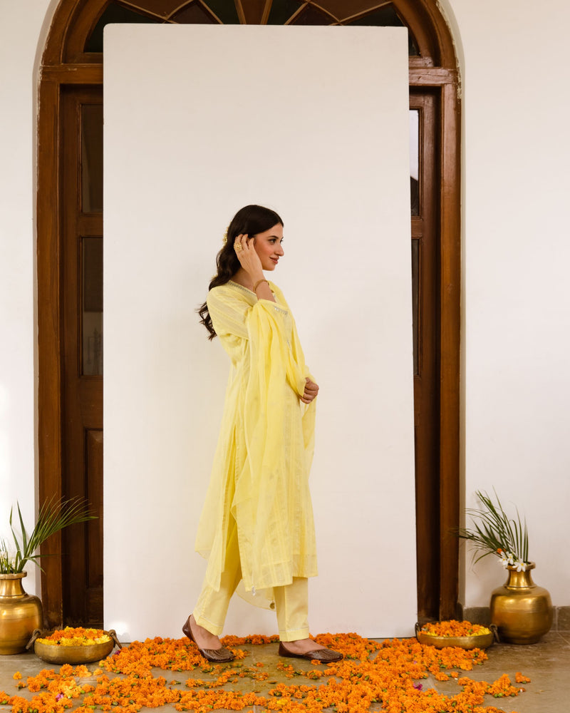 Soft Yellow Cotton lurex Complete Suit Set For Women's