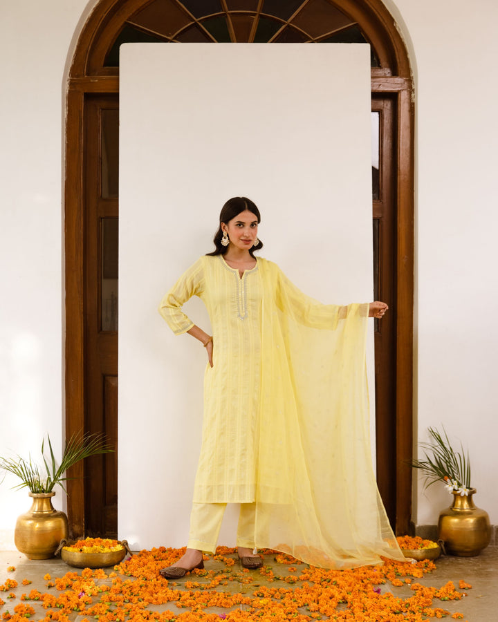 Soft Yellow Cotton lurex Complete Suit Set For Women's