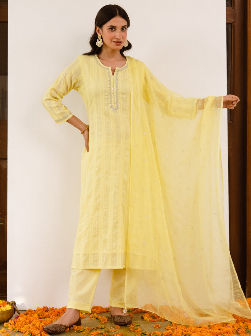 Soft Yellow Cotton lurex Complete Suit Set For Women's