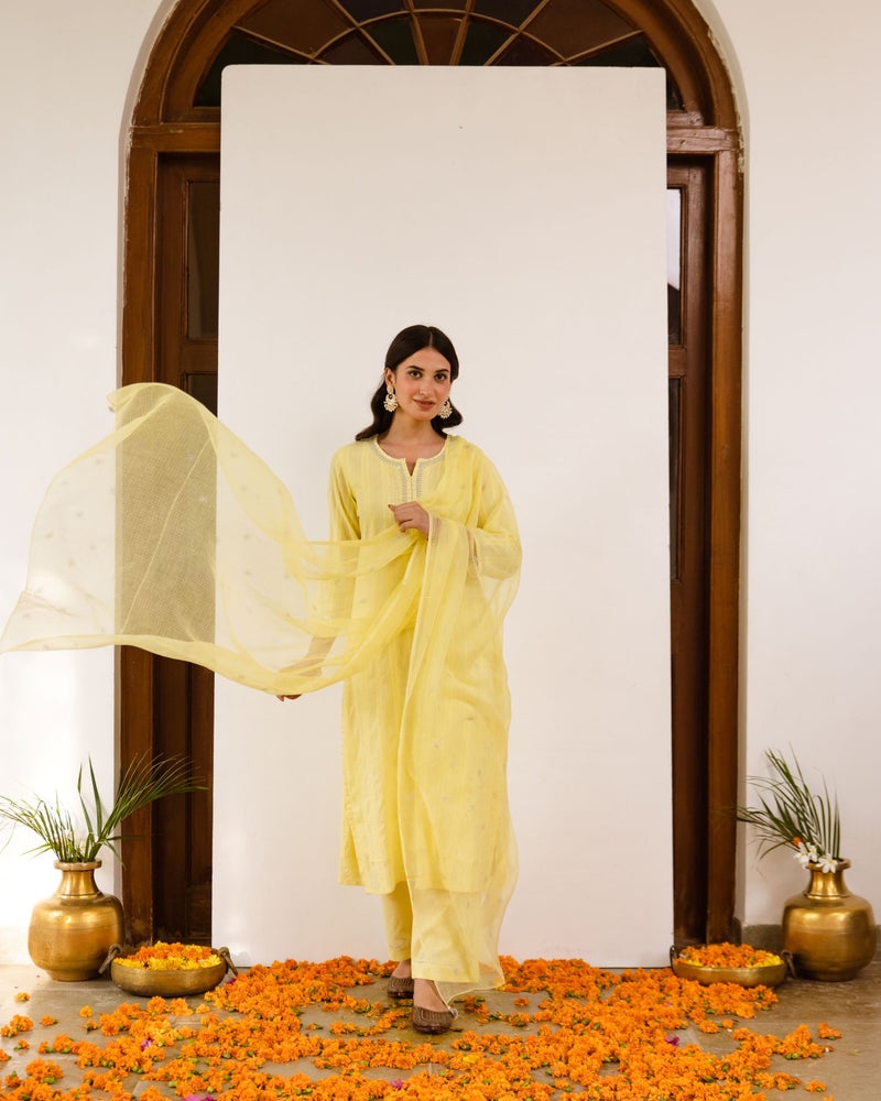 Soft Yellow Cotton lurex Complete Suit Set For Women's