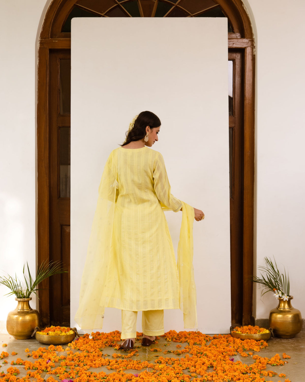 Soft Yellow Cotton lurex Complete Suit Set For Women's