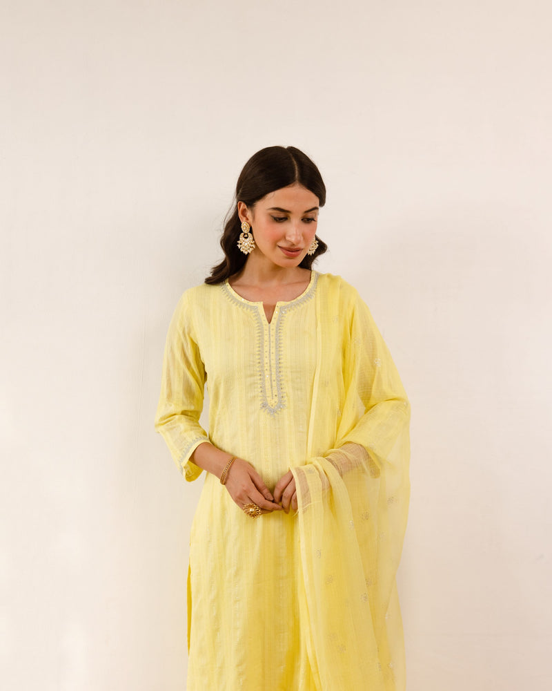Soft Yellow Cotton lurex Complete Suit Set For Women's