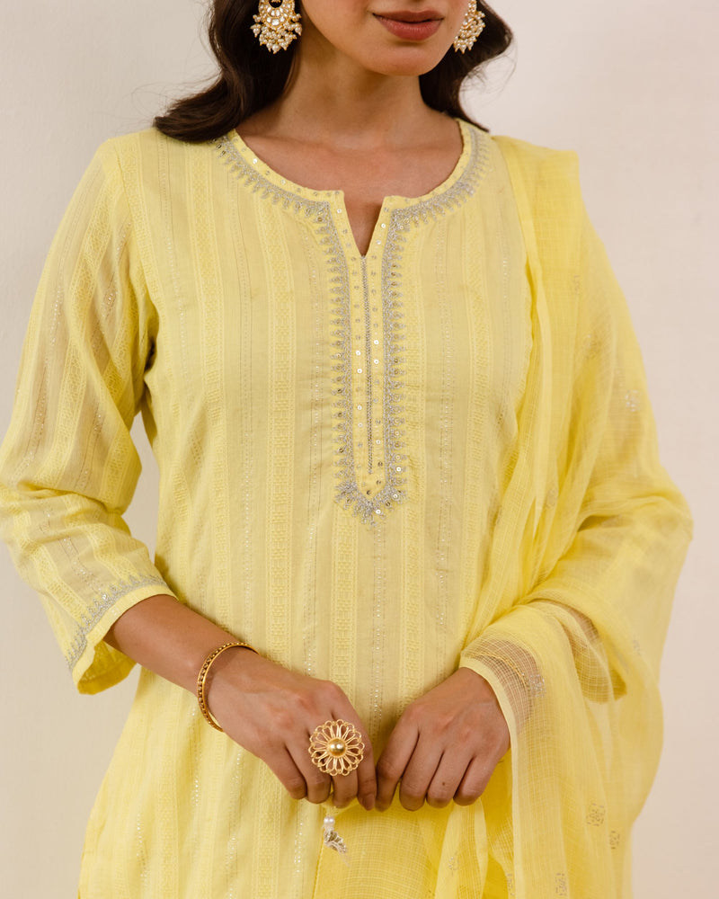 Soft Yellow Cotton lurex Complete Suit Set For Women's