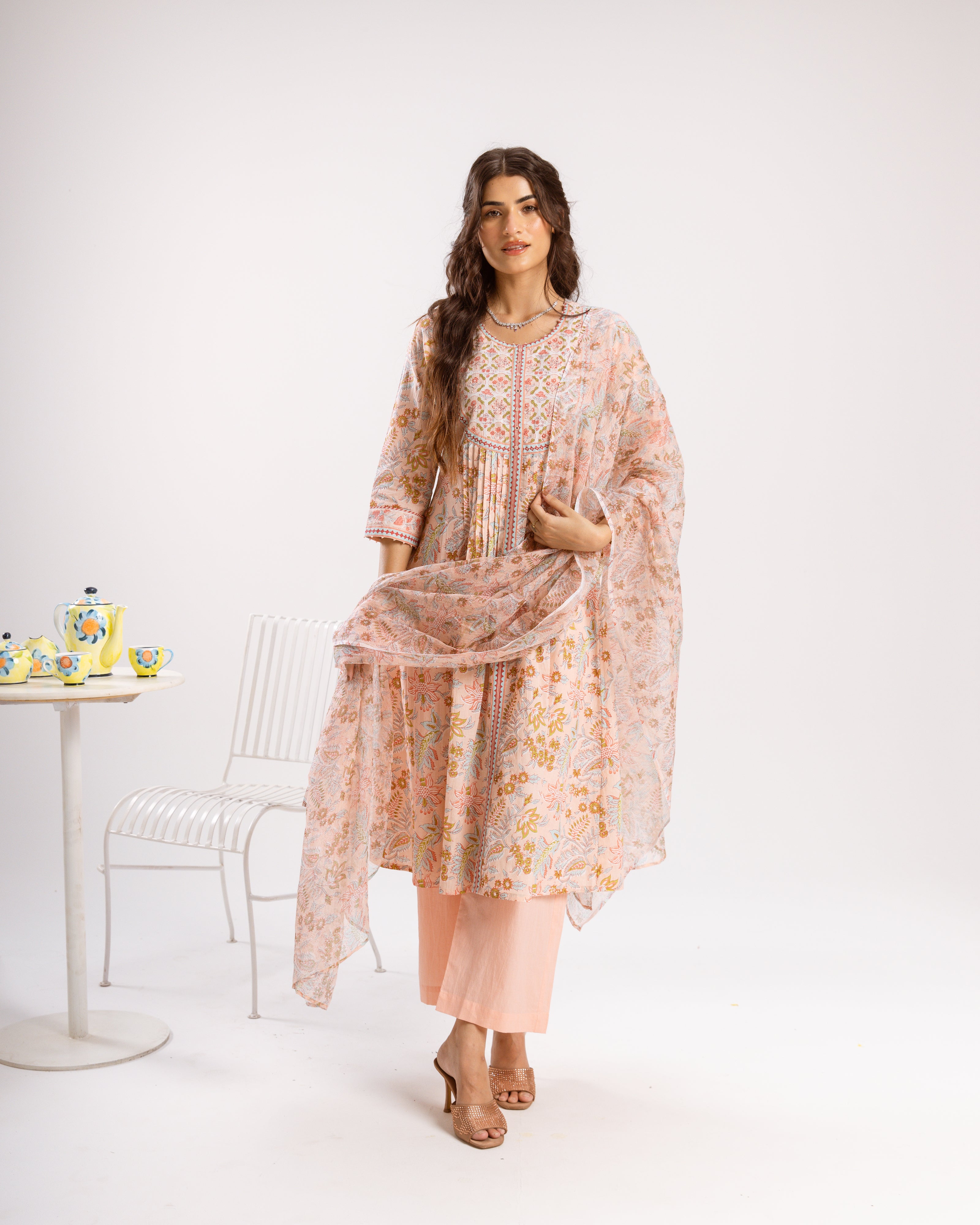 Peach Pink Cotton Kurta Dupatta(Pant Not Included)