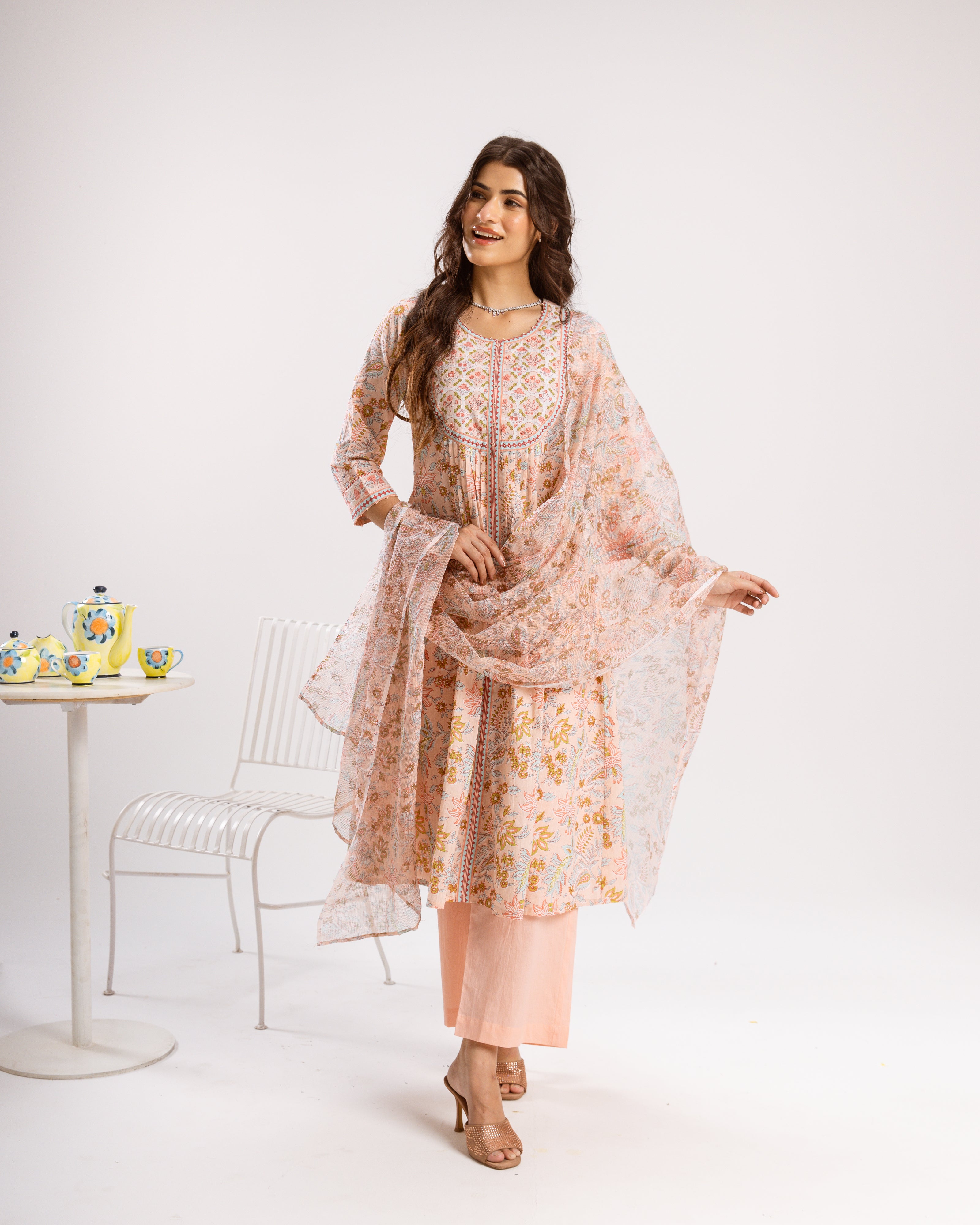 Peach Pink Cotton Kurta Dupatta(Pant Not Included)