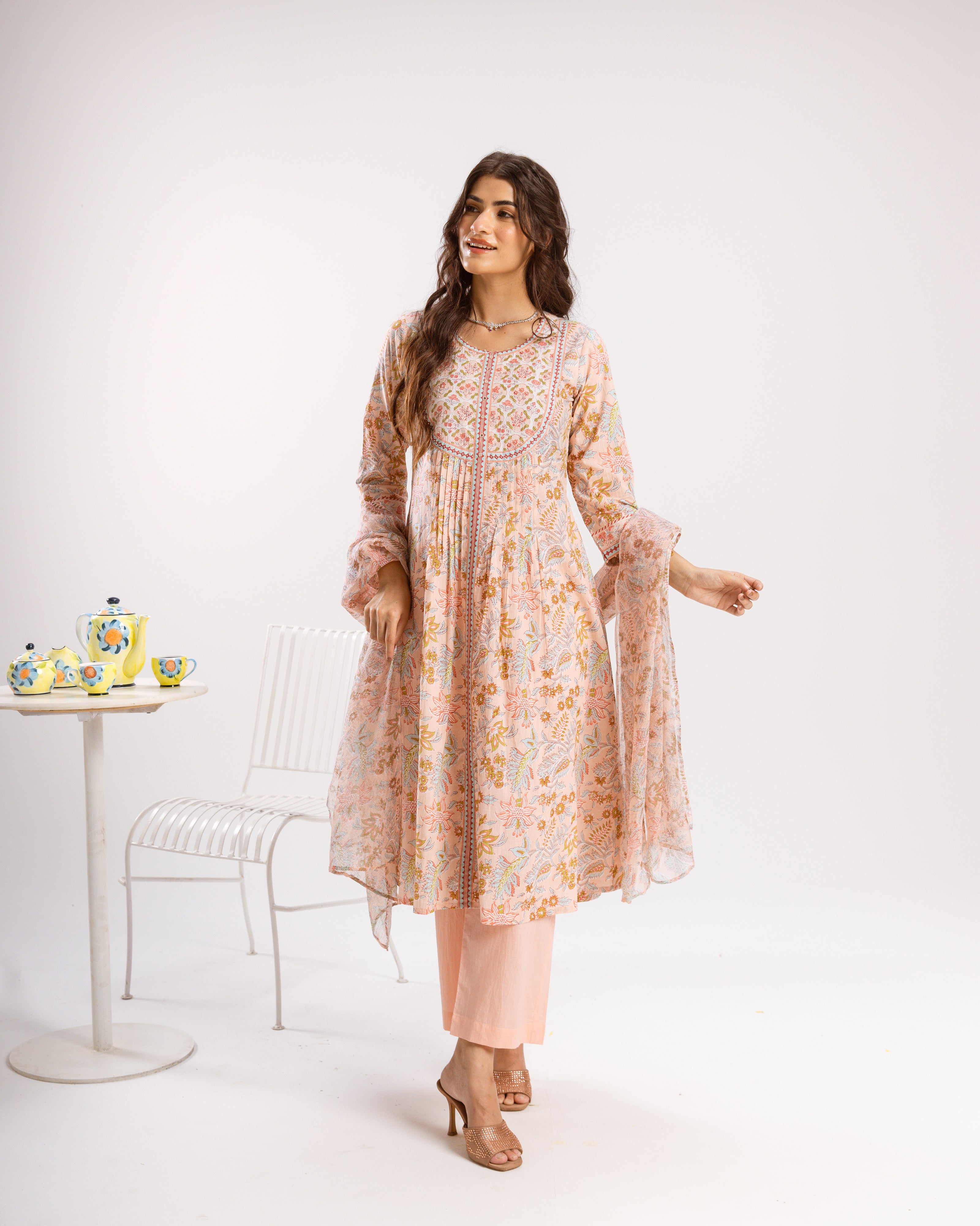 Peach Pink Cotton Kurta Dupatta(Pant Not Included)