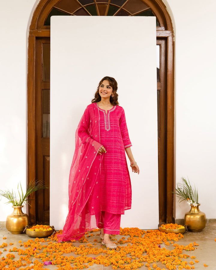 Magenta Cotton Lurex Comlete Suit Set For Women's