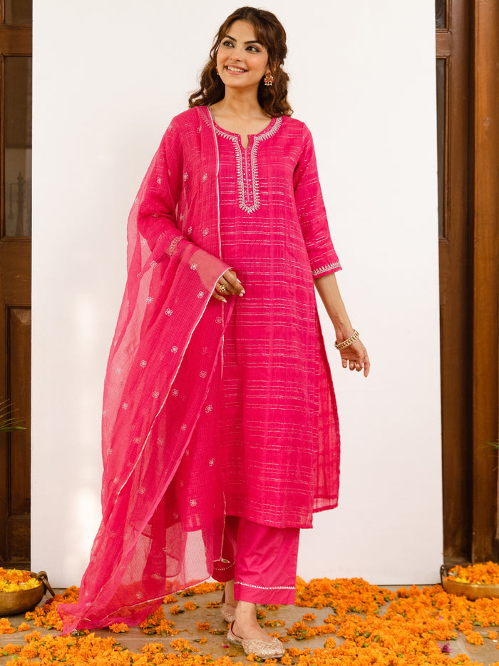 Magenta Cotton Lurex Comlete Suit Set For Women's