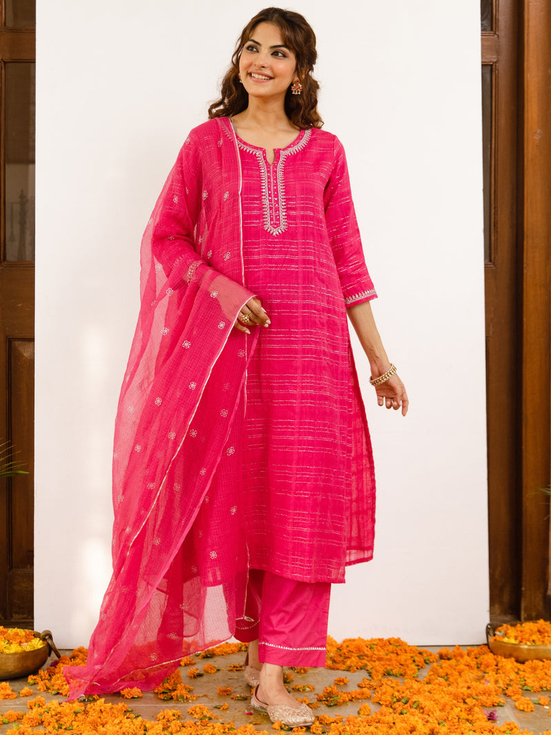 Magenta Cotton Lurex Comlete Suit Set For Women's