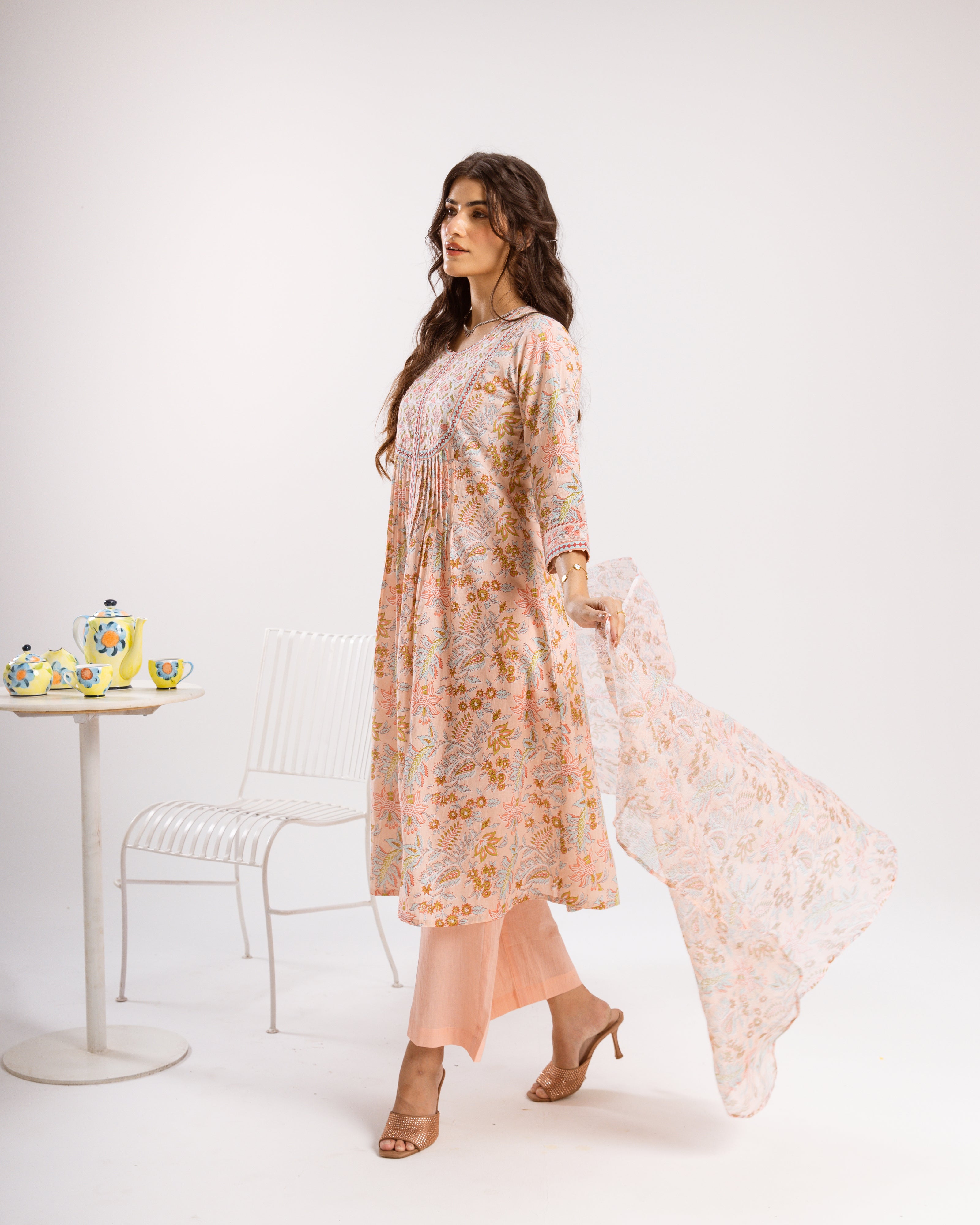 Peach Pink Cotton Kurta Dupatta(Pant Not Included)