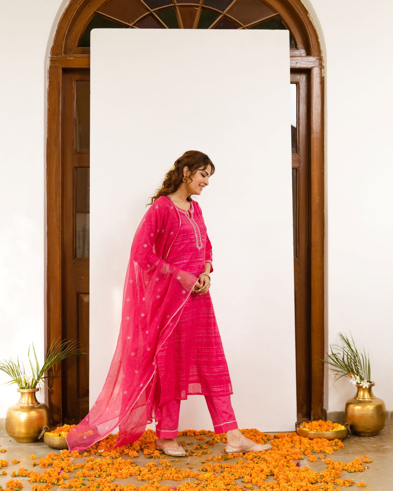 Magenta Cotton Lurex Comlete Suit Set For Women's