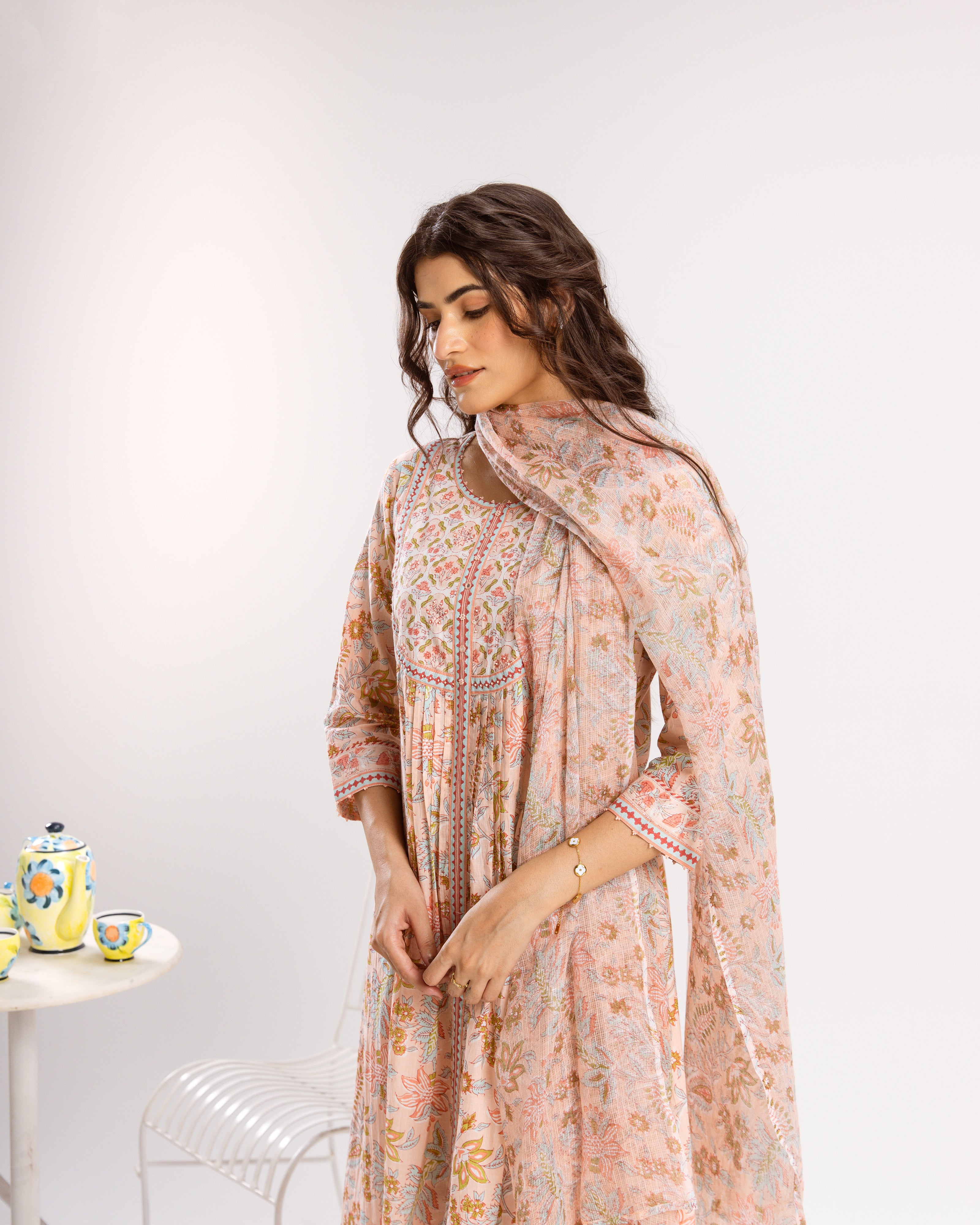 Peach Pink Cotton Kurta Dupatta(Pant Not Included)