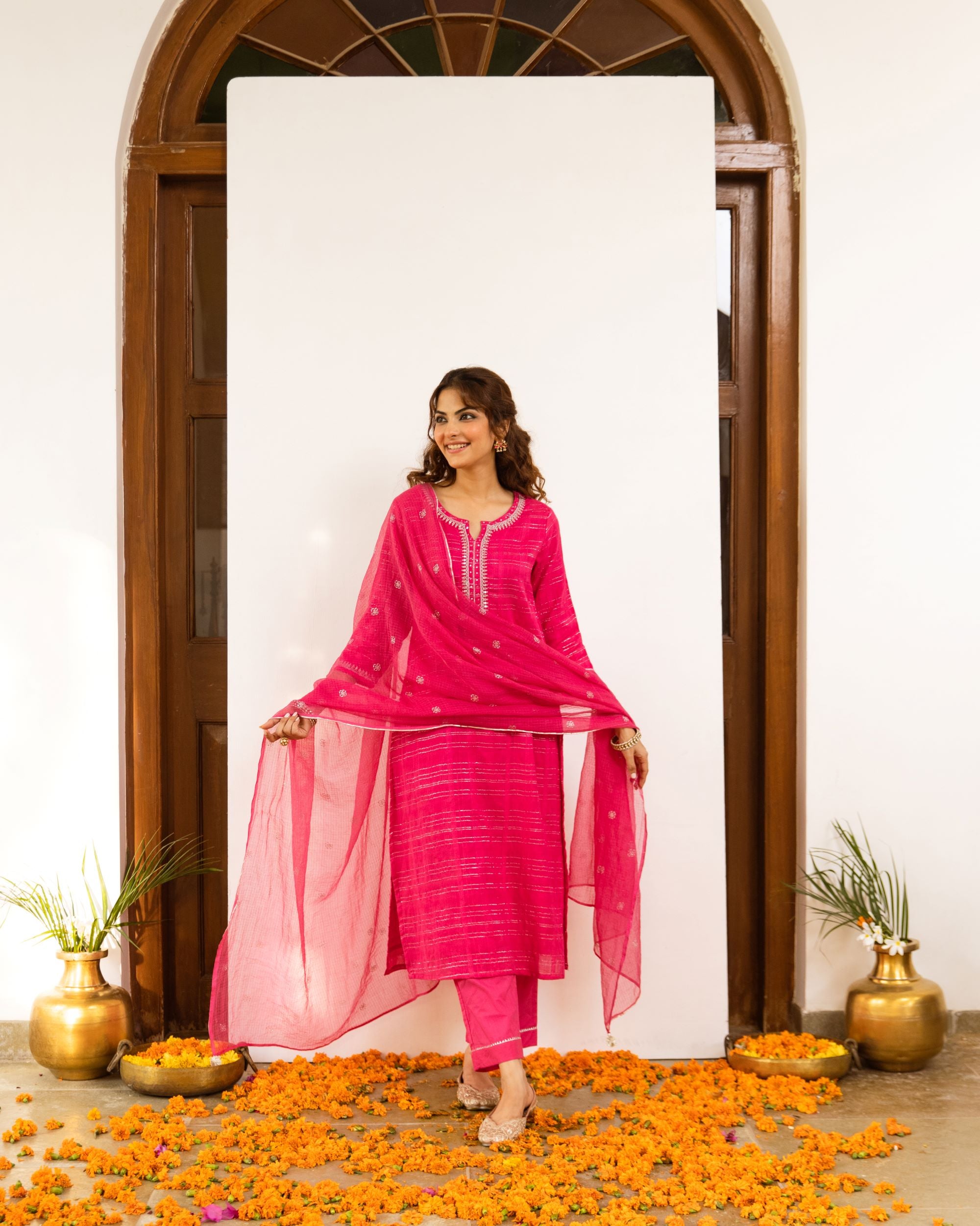Magenta Cotton Lurex Comlete Suit Set For Women's