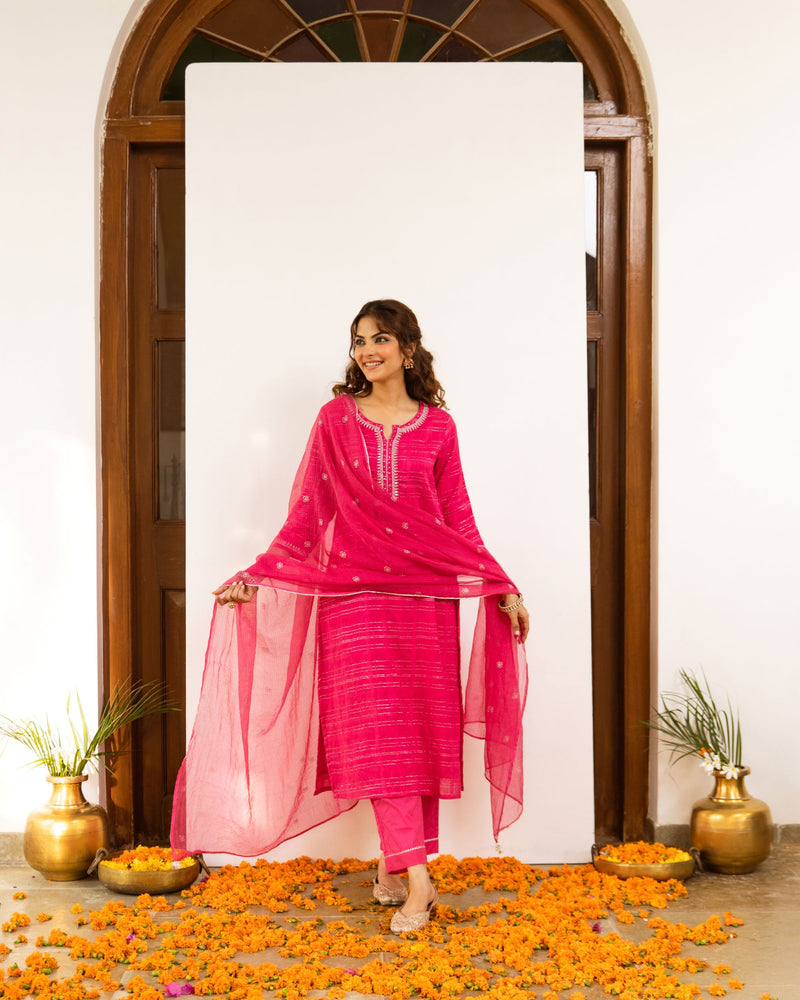 Magenta Cotton Lurex Comlete Suit Set For Women's