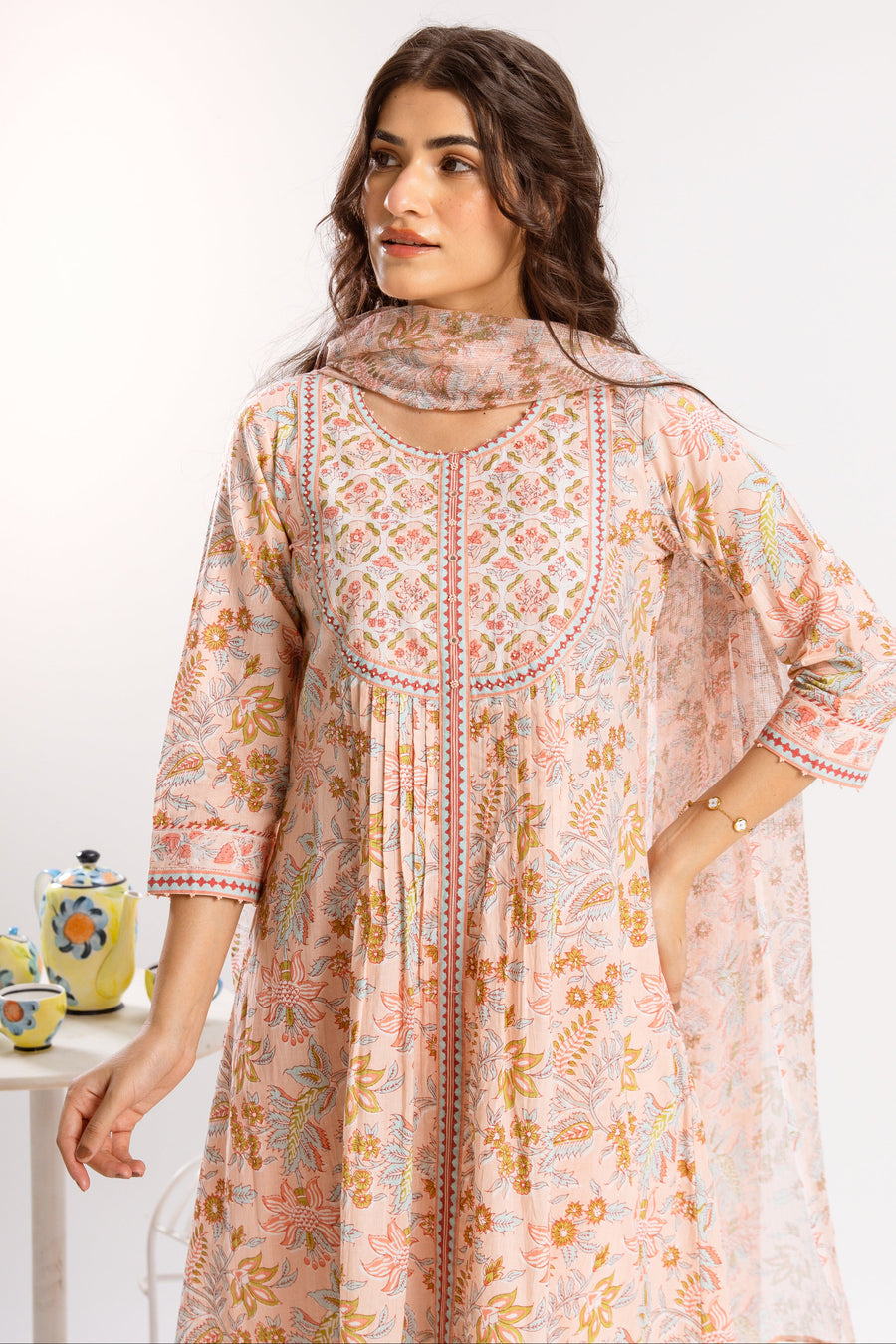 Peach Pink Cotton Kurta Dupatta(Pant Not Included)