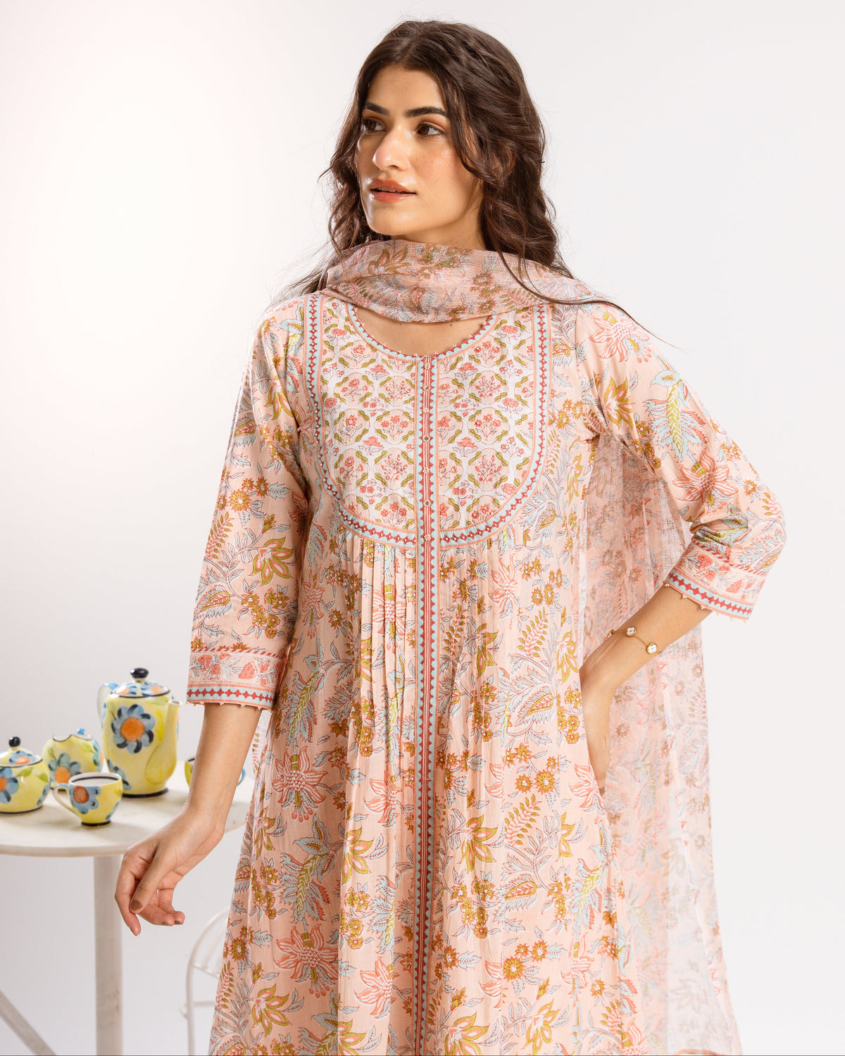 Peach Pink Cotton Kurta Dupatta(Pant Not Included)