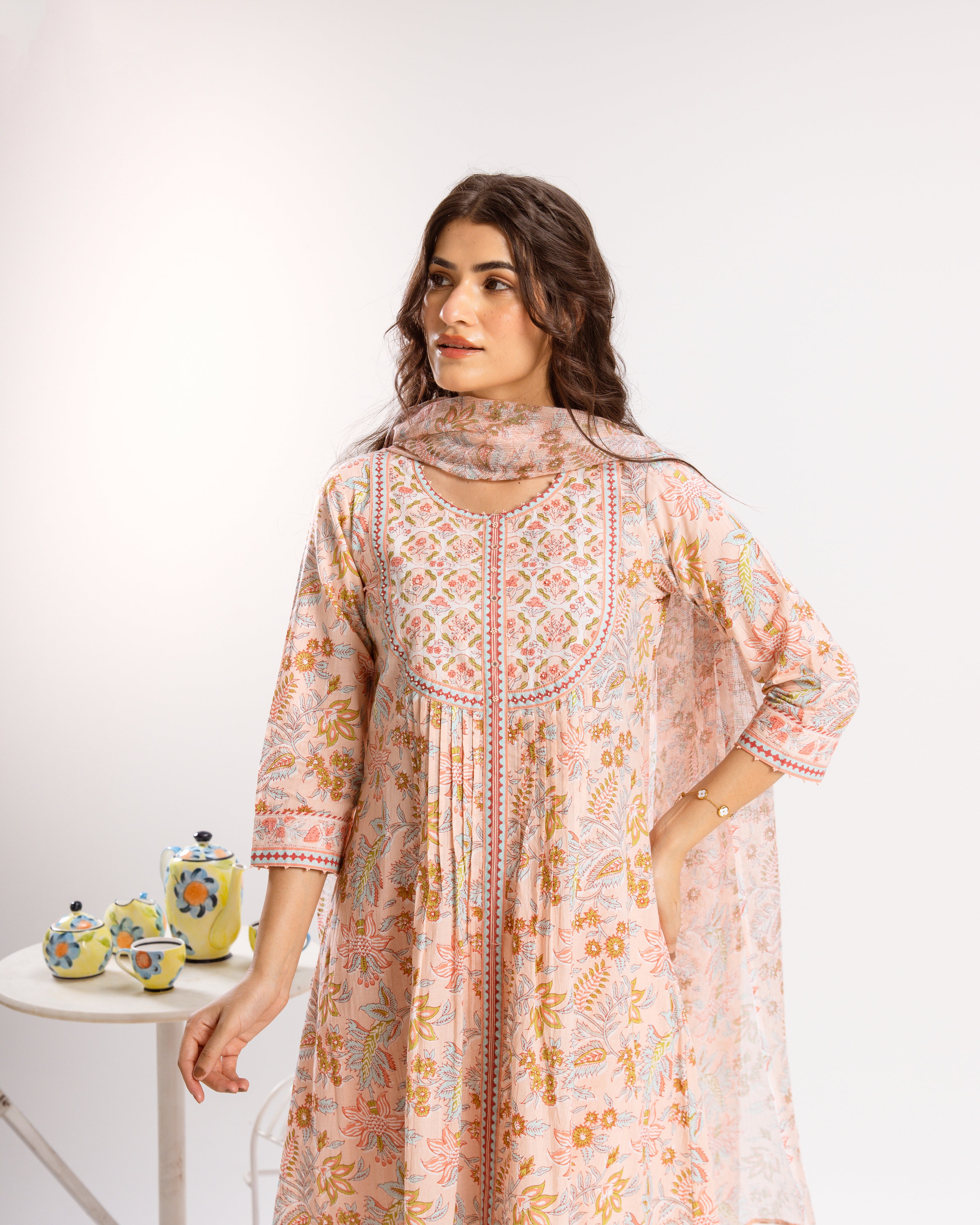 Peach Pink Cotton Kurta Dupatta(Pant Not Included)