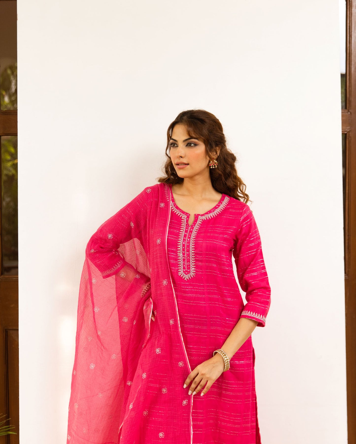 Magenta Cotton Lurex Comlete Suit Set For Women's